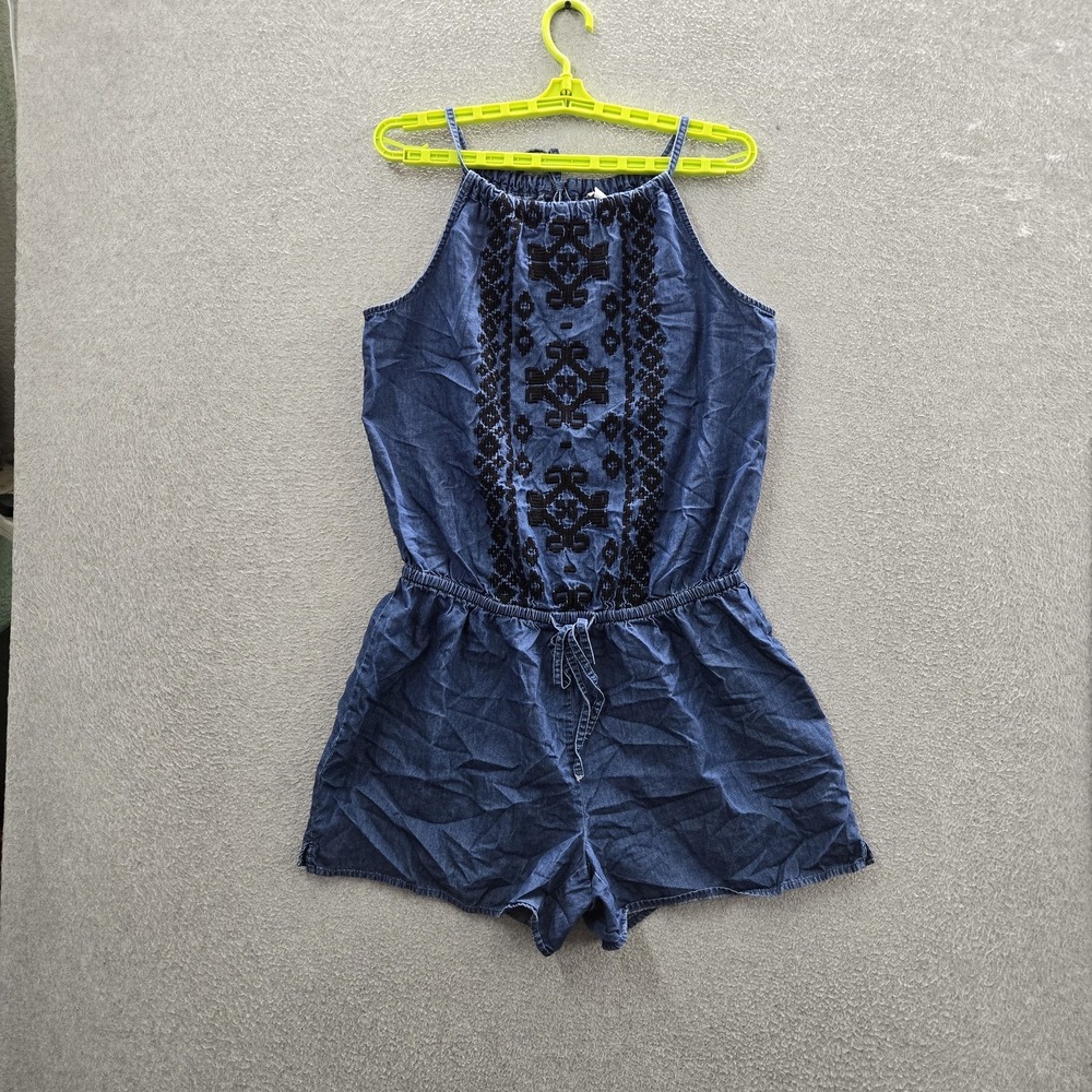 Old‎ Navy Women Shorts L Blue Denim Embroidered Romper Geometric Casual